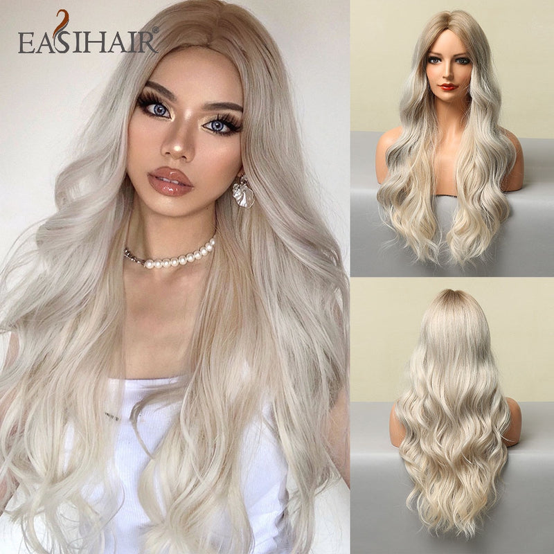 EASIHAIR Lange hellblonde Perücken im Ombré-Stil mit natürlichen Wellen, hitzebeständig, synthetische Perücken, Mittelteil, Cosplay-Perücken für Frauen