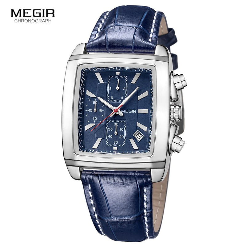 Reloj Megir con correa de cuero y esfera rectangular para hombre, relojes de cuarzo con cronógrafo azul informal, reloj de pulsera para hombre, reloj de pulsera para hombre