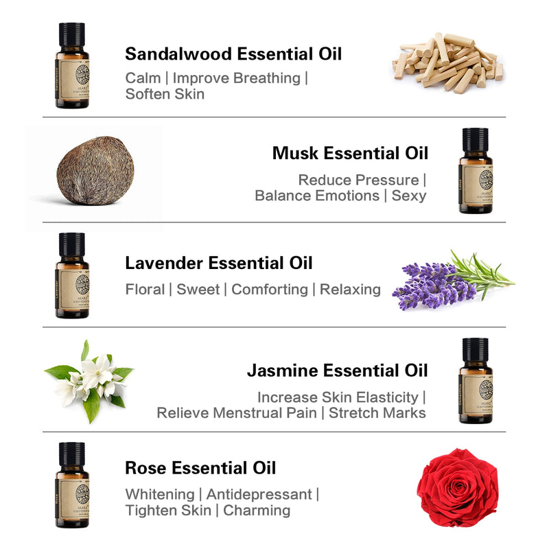 AKARZ Hots 10 Sets Sandalwood,Musk,Lavender,Jasmine,Rose,Patchouli,Ylang Ylang,Vanilla,Eucalyptus,Myrrh Essential Oil