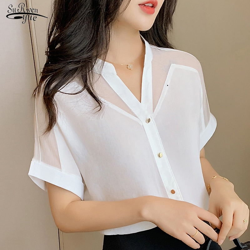 2023 Summer New Style Short-Sleeved Top Women Fashion Solid Color Mesh V-neck Women Shirts Pullover Chiffon Women Blouse 9632