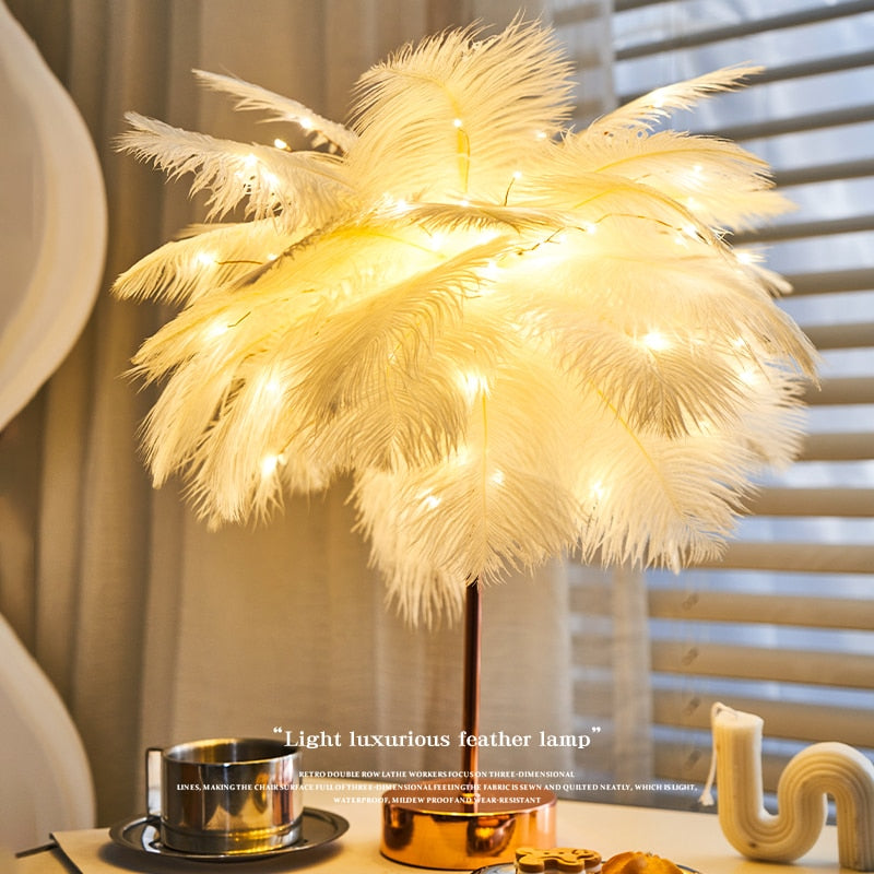 DIY Creative Feather Table Lamp Warm White Light Tree Feather Lampshade Girl LED Wedding Decorative Lights Pink White Birthday