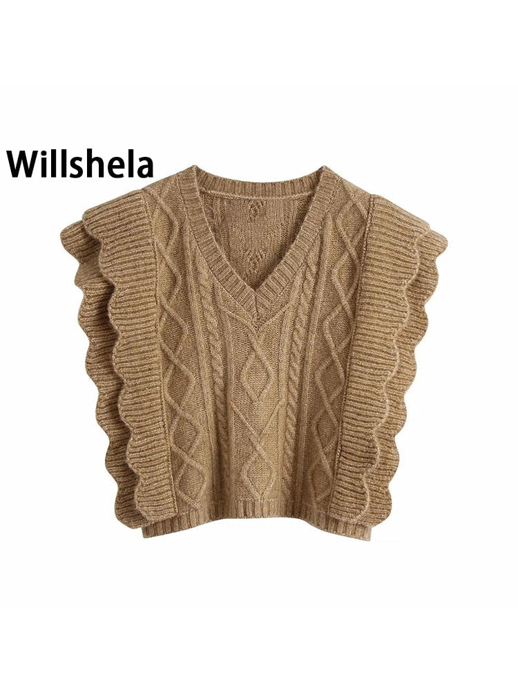 2021 New Women Cable-Knit Vest Sweater V-neck waistcoat Ruffle trim Women Pullover Warm Knitted Tank Tops