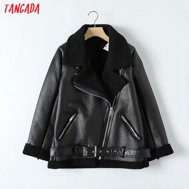 Tangada Women beige fur faux leather jacket coat with belt turn down collar Ladies 2021 Winter Thick Warm Oversized Coat 5B01