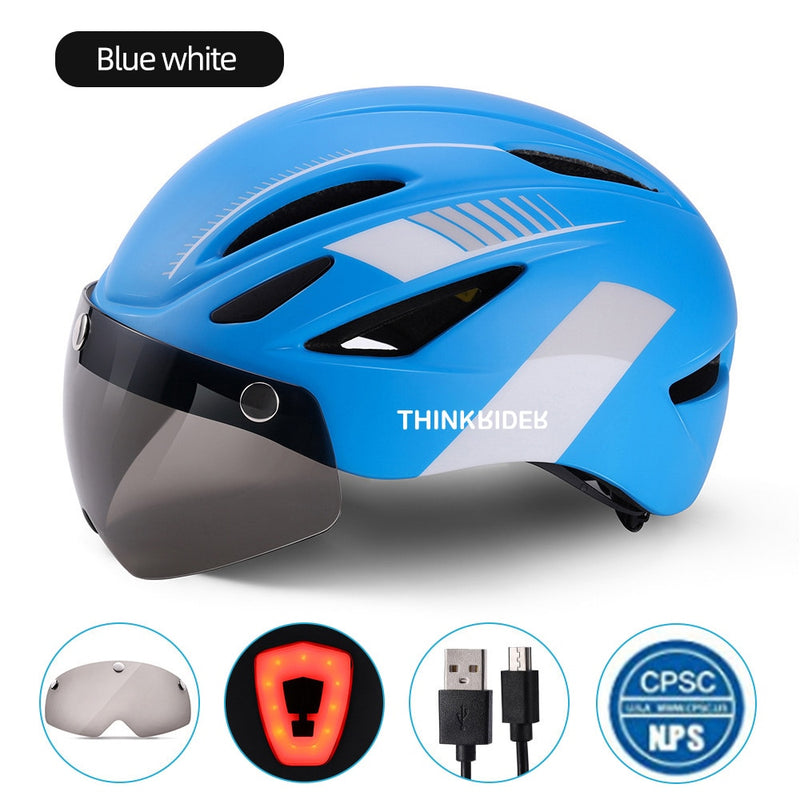 ThinkRider Cycling Helmet with Visor Magnetic Goggles and Tail lights  58-61cm for Men Women MTB Road Bicycle  Bike Helmet