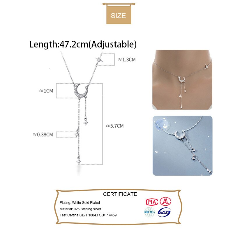 TrustDavis, collar corto con colgante de estrella y borla de Luna de Plata de Ley 925 auténtica para mujer, collar de boda S925, joyería DA1027