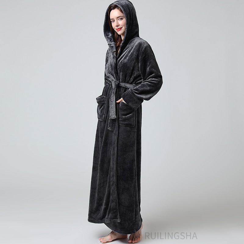 Damen Herren Winter Plus Size Flanell Robe Extra Lang Mit Kapuze Warmer Bademantel Liebhaber Dicker Kimono Bademantel Herren Morgenmantel Roben