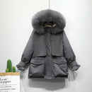 Fitaylor Winterjacke Damen Große Natürliche Fuchspelz Weiße Ente Daunenmantel Dicke Parkas Warme Schärpe Zum Binden Mit Reißverschluss Unten Schnee Oberbekleidung