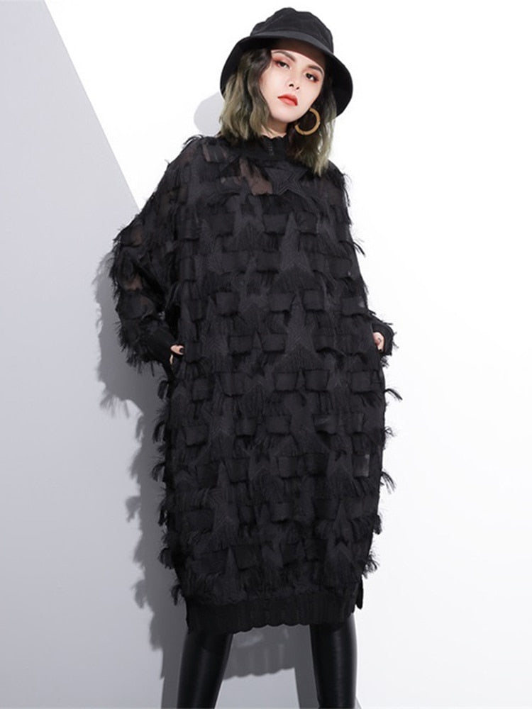[EAM] 2022 New Spring Autumn Stand Collar Long Sleeve Perspective Black Loose Tassels Big Size Dress Women Fashion Tide JI780