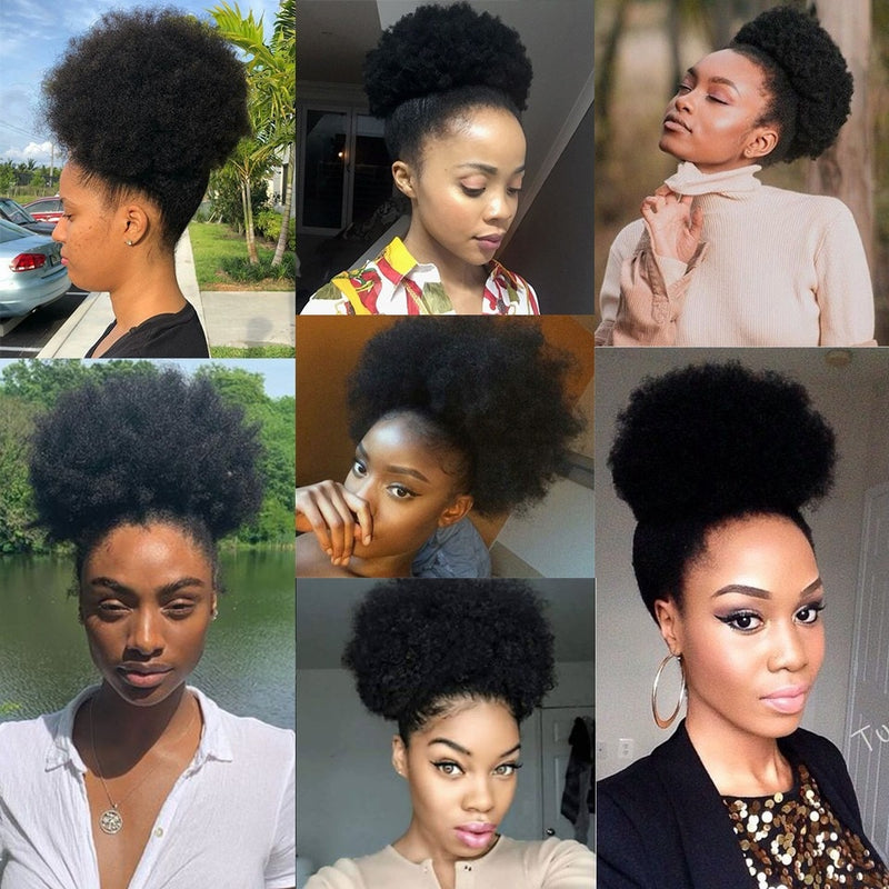 10-Zoll-Afro-Puff-Echthaarknoten Kordelzug-Pferdeschwanz-Menschenhaarteil Kinky Curly Clip In Extensions Yepei-Pferdeschwanz