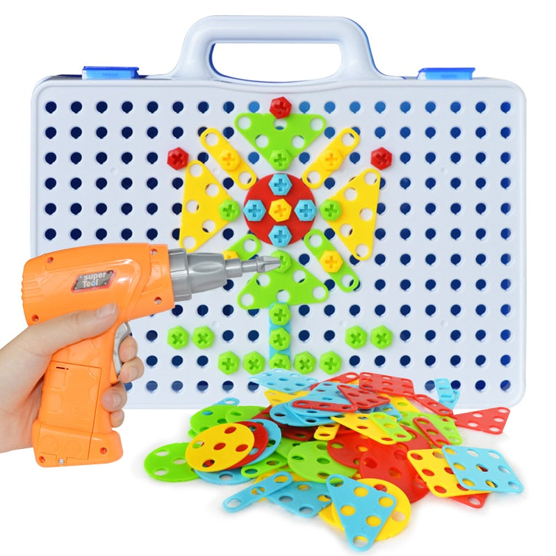 Tornillo de perforación 3D creativo mosaico rompecabezas juguetes para niños juguetes de bloques de construcción niños DIY taladro eléctrico conjunto niños juguete educativo