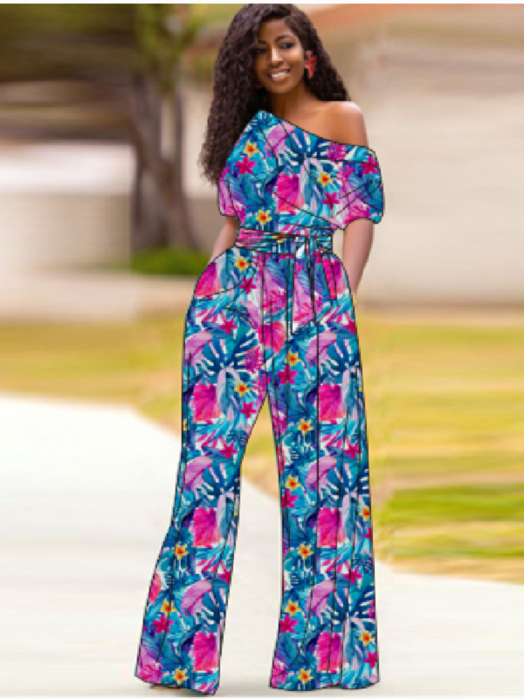 Summer Printed Jumpsuits Irregular Shoulder Sleeves with Sashes Wide Leg Women Floral Vacation Overall Female Bodysuit Big Size