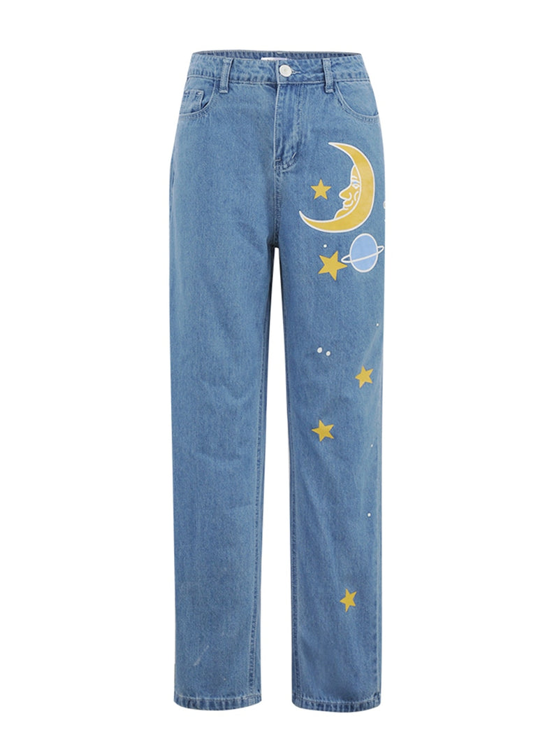 Womens Jeans Star Cartoons Pattern Printed 2022 Autumn Winter Denim Trousers fit Young Girl Vintage Cute female Jeans Pant Blue