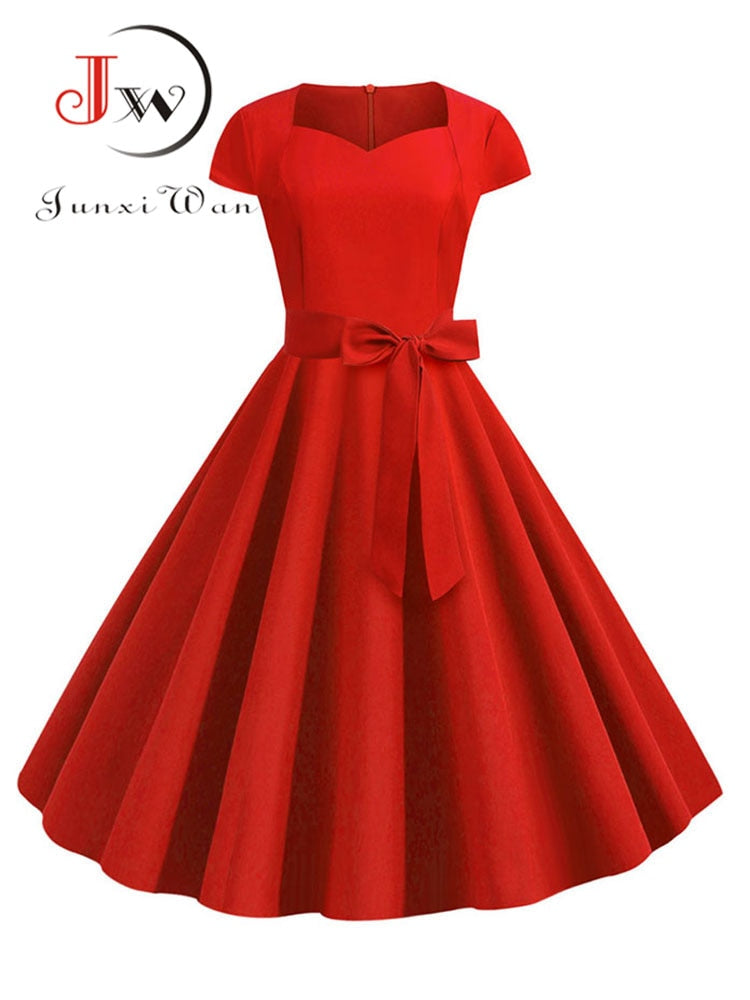 Verano Mujer Vintage vestido 50S 60S manga corta Casual elegante Retro Oficina fiesta Midi vestido bata mujer sólido Vestidos