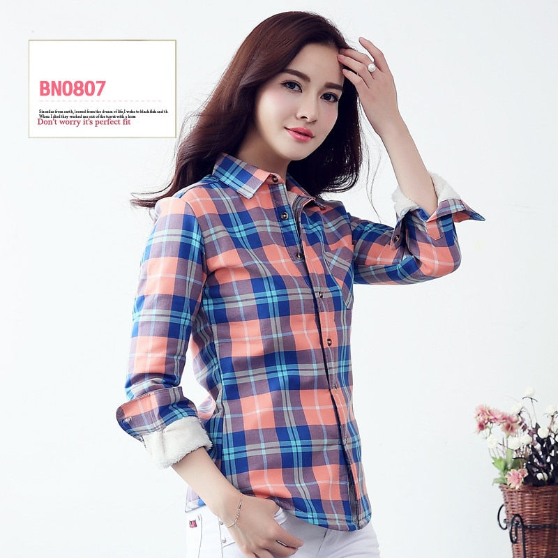 S-4XL Women Cotton Shirt Spring Autumn Winter 2022 New Casual Long-sleeve Brushed Plaid Stripe Shirts Girl's Tops Blouse Female