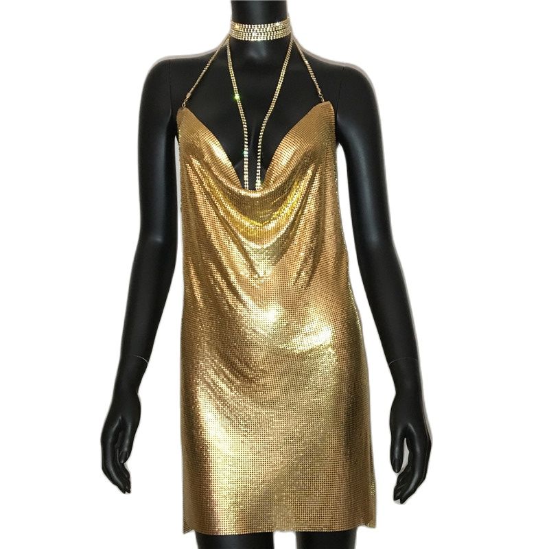 AKYZO Sexy oro lentejuelas Patchwork Mini vestido de mujer sin mangas de corte bajo cadenas de Metal Halter Delgado encantador vestidos de fiesta de club nocturno