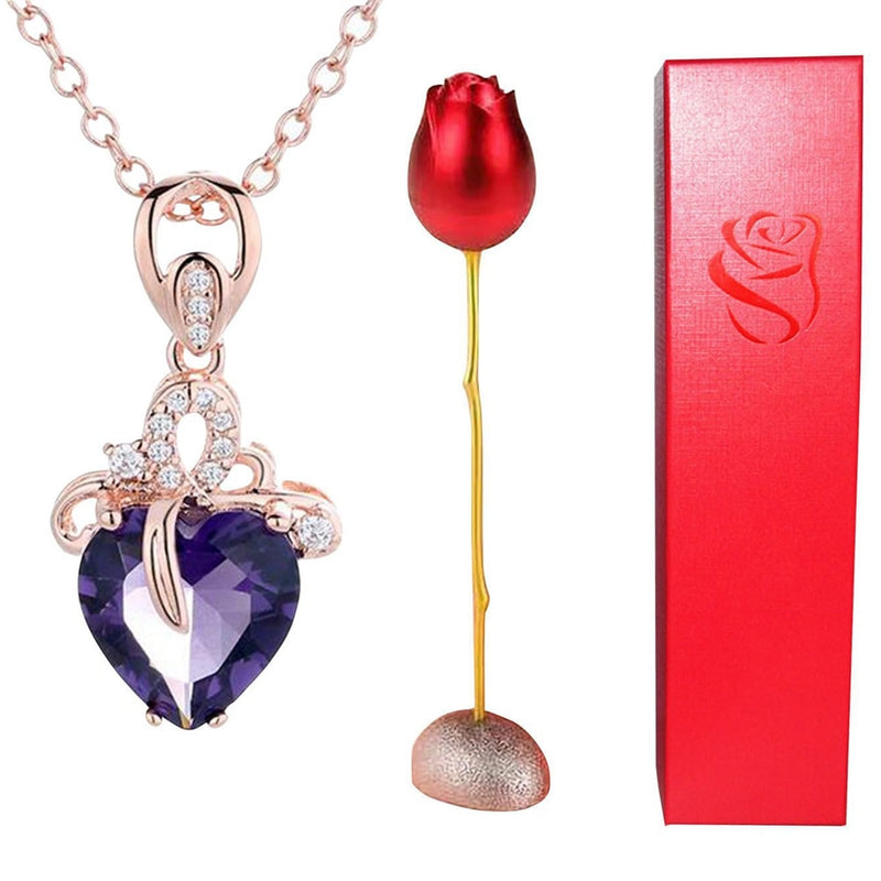 Conjunto de collar de amor eterno con soporte de rosa, colgante de circón rombo romántico con regalos inmortales para el Día de San Valentín