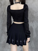 InsGoth Bandage Bodycon Long Sleeve Crop Tops Female Black V-neck Streetwear Punk Slim Tops Autumn Gothic Harajuku Top