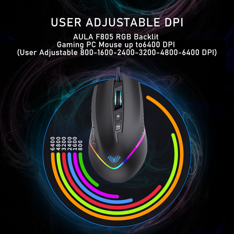 AULA F805 RGB Gaming Mouse 6400DPI Cable retroiluminado USB Computer Mouse Gamer 7 Botones programables Ergonómico para computadora portátil de escritorio