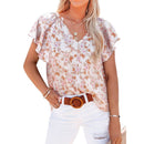 2022 Summer Casual Fashion Vintage Floral Print V-neck Petal Short Sleeve Loose Pullover Shirt Sweet Fresh Blouse Women Clothing