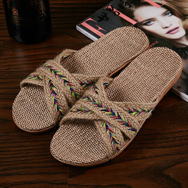 Summer Natural Flax Slippers 2022 Women Sandals Comfortable Non-slip Ladies Home Cross-tied Casual Indoor Shoes Multicolor