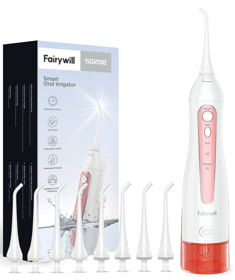Fairywill Oral Irrigator USB Rechargeable Water Flosser Portable Dental Water Jet 300ML Water Tank Waterproof Cleaner 8 Nozzles