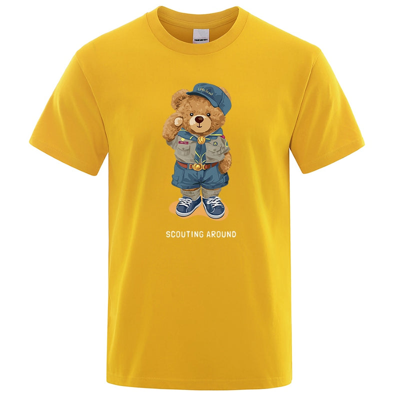 Cute Teddy Bear Salute Scoring Around Prints T Shirt Men Brand Tees Short Sleeve Retro Adult T-Shirt Summer Hip Hop T-Shirt