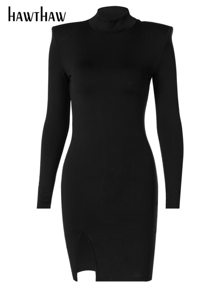 Hawthaw Women Spring Autumn Long Sleeve Bodycon Soild Color Black Slim Package Hip Mini Dress 2021 Female Clothing Streetwear
