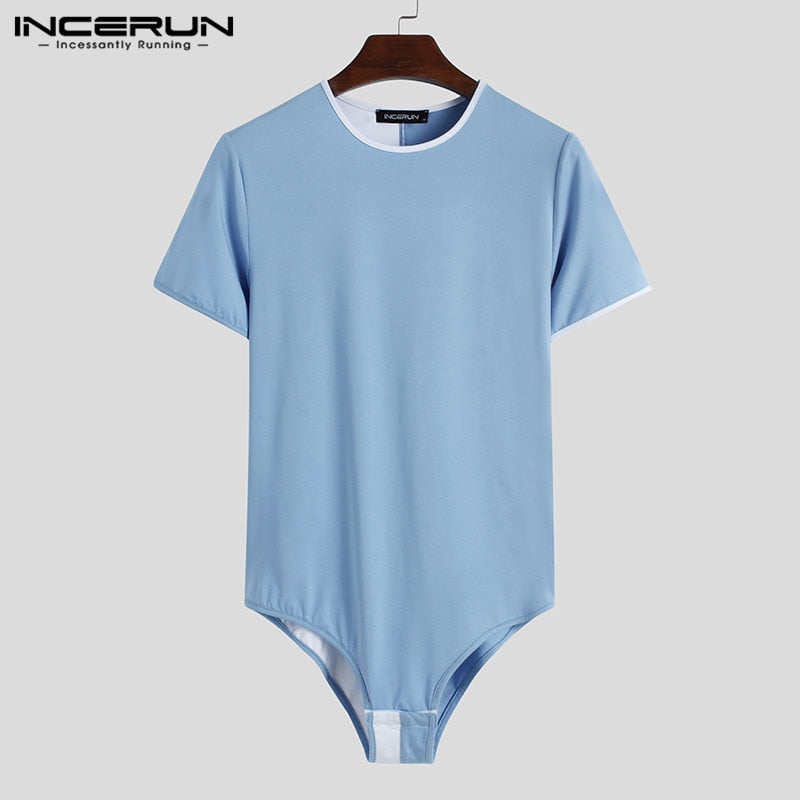 Fashion Fitness T-Shirt INCERUN Men Bodysuit T Shirts Short Sleeve Round Neck Romper Tee Tops Man Patchwork Skinny Camisetas 5XL