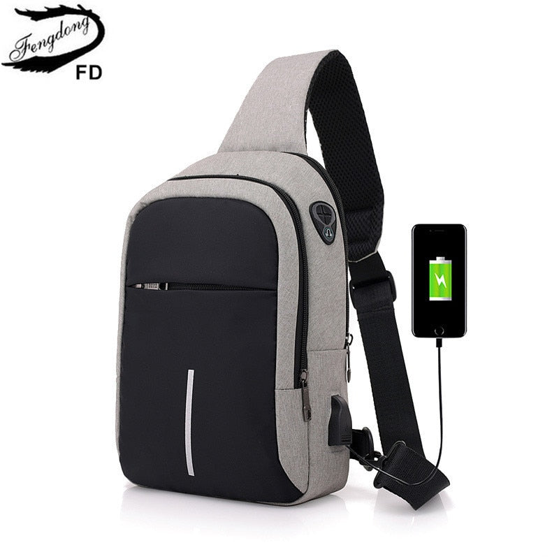 Fengdong, pequeño bolso de hombro con carga usb, bolsos de mensajero para hombre, bolso de pecho impermeable para hombre, mochila de viaje para niño, bolsos cruzados para hombre