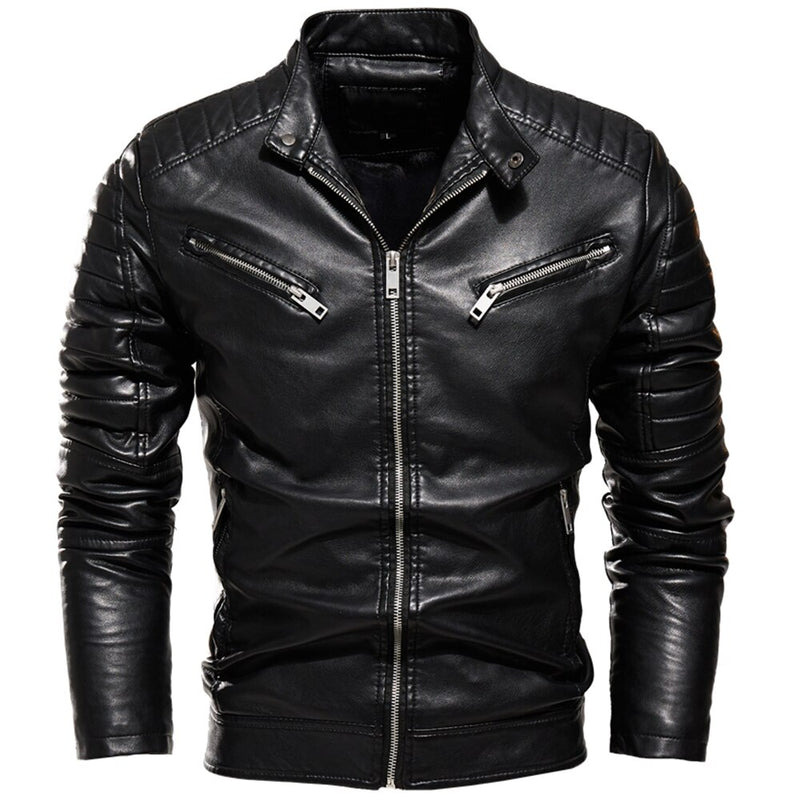 Chaqueta de cuero negro de invierno 2022 para hombre, chaqueta cálida con forro de piel para motocicleta, abrigo de motociclista negro a la moda de calle, abrigo de motorista con diseño plisado y cremallera