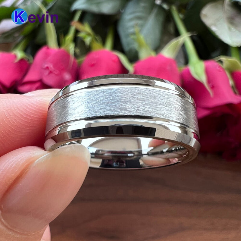 Anillo de banda de boda de tungsteno para hombres y mujeres con acabado de ranura de cepillo biselado 8MM ajuste cómodo