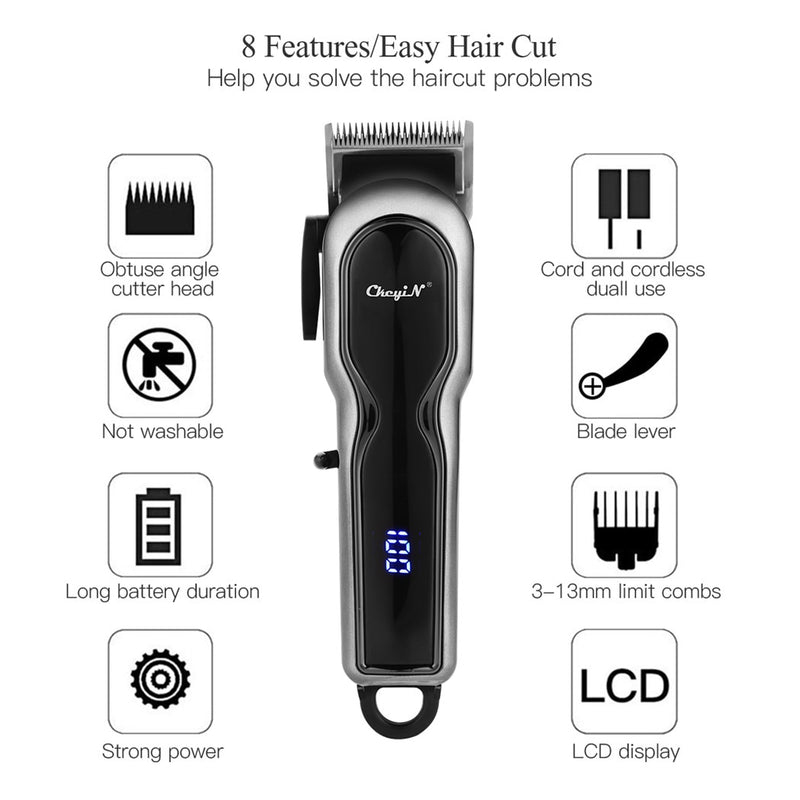 Professional Hair Trimmer Electric Hair Clipper LED Display Hair Cutting Machine Cord Cordless Dual Use Barber Razor Hairdresser