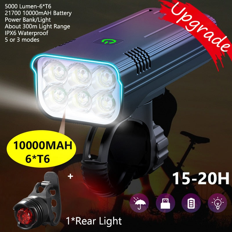 Luz de bicicleta de 10000 mAh, recargable por USB, 5000 lúmenes, faro de bicicleta 6T6, linterna LED superbrillante, luces delanteras y traseras