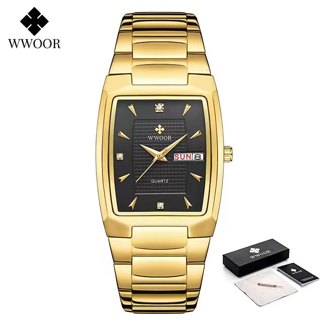 Relogio Masculino WWOOR 2022 New Square Watch Men with Automatic Week Date Man Quartz Wrist Watches Luxury Stainless Steel Gold