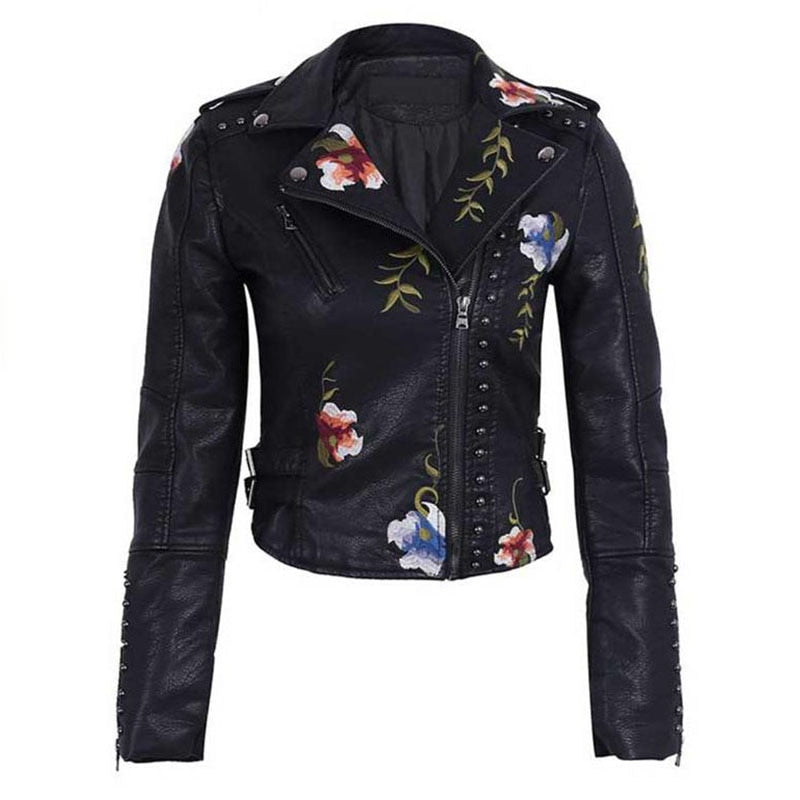 YIZZHOY Spring Autumn Floral Print Embroidery Faux Leather Jacket Women High Street Motorcycle Black Punk Outerwear Biker Jacket