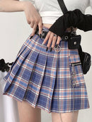 Harajuku Karierter Rock Damen Punk y2k High Waist Mini Tennisrock Uniform Kette Tasche A-Linie Streetwear Vintage Kostenloser Gürtel