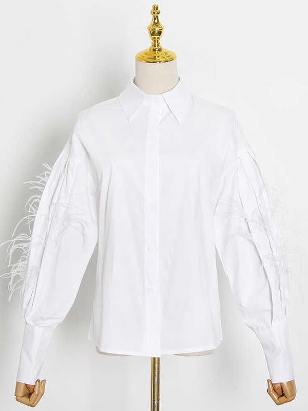 TWOTWINSTYLE, blusa informal de plumas de retazos para mujer, camisa blanca lisa con manga acampanada y solapa, ropa nueva de moda para mujer 2021