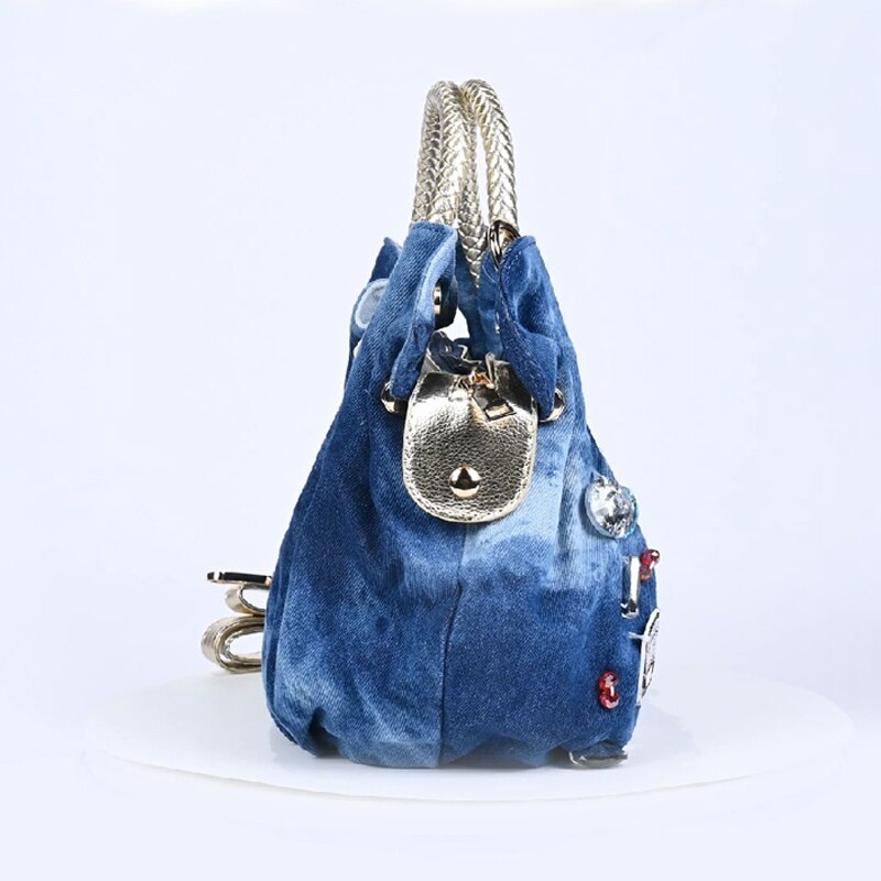 iPinee New Women Denim Bags Sweet Blue Pattern High Quality Handbags With Diamond Ladies Tote Bag Messenger Bags