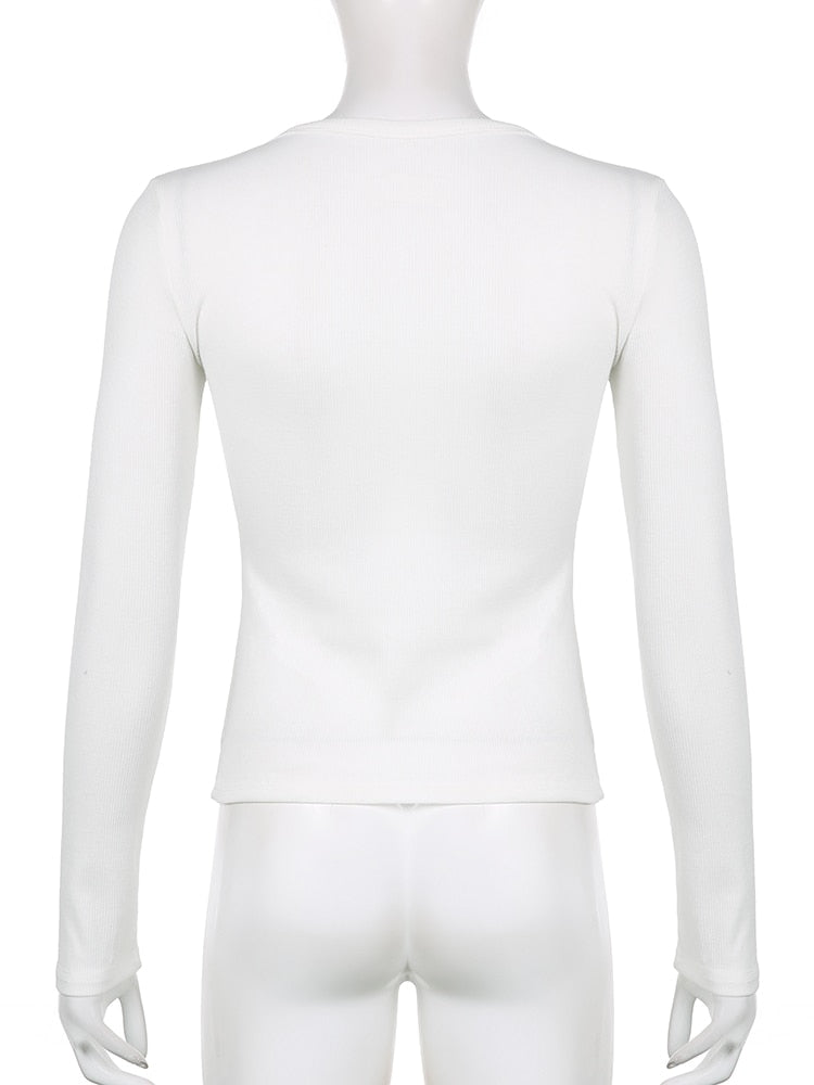 Rapwriter Casual Wave Line Ribbed V-Neck Long Sleeve Crop Top Basic Solid T-Shirt Girl 2023 Streetwear Stretch Tee Shirt femme