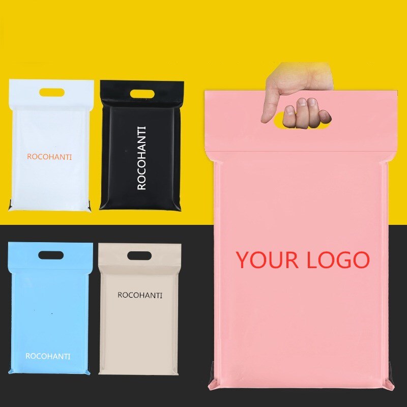 100Pcs Custom LOGO Printing Poly Mailers With Handle Plastic Shipping Mailing Bag Envelopes Courier Gift Packaging Bags