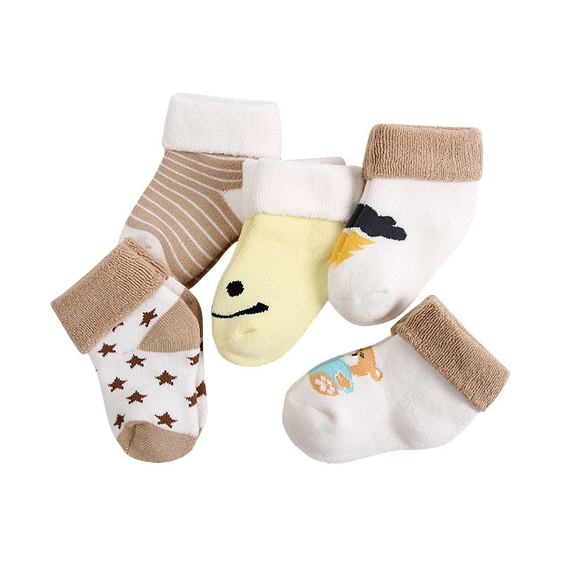 5 pares Otoño Invierno nuevo bebé puro algodón grueso cálido niños recién nacidos calcetines lindos dibujos animados voltear calcetines, para 0-3 años