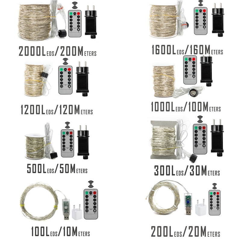 120M 1200LEDs Silberdraht-Feen-Schnur-Lichter wasserdichtes Plug-in für Baum-Weihnachtsfeiertags-Hochzeits-Garten-Dekoration im Freien