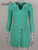 Conjunto de conjuntos de suéter de dos piezas, Tops de punto para mujer y minifaldas plisadas, manga larga, cuello en V, ropa informal con botones, conjuntos de falda Sexy