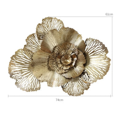 Modern Wrought Iron 3D Gold Flower Wall Mural Decoration Home Livingroom Wall Hanging Crafts Hotel Porch Wall Sticker Ornaments