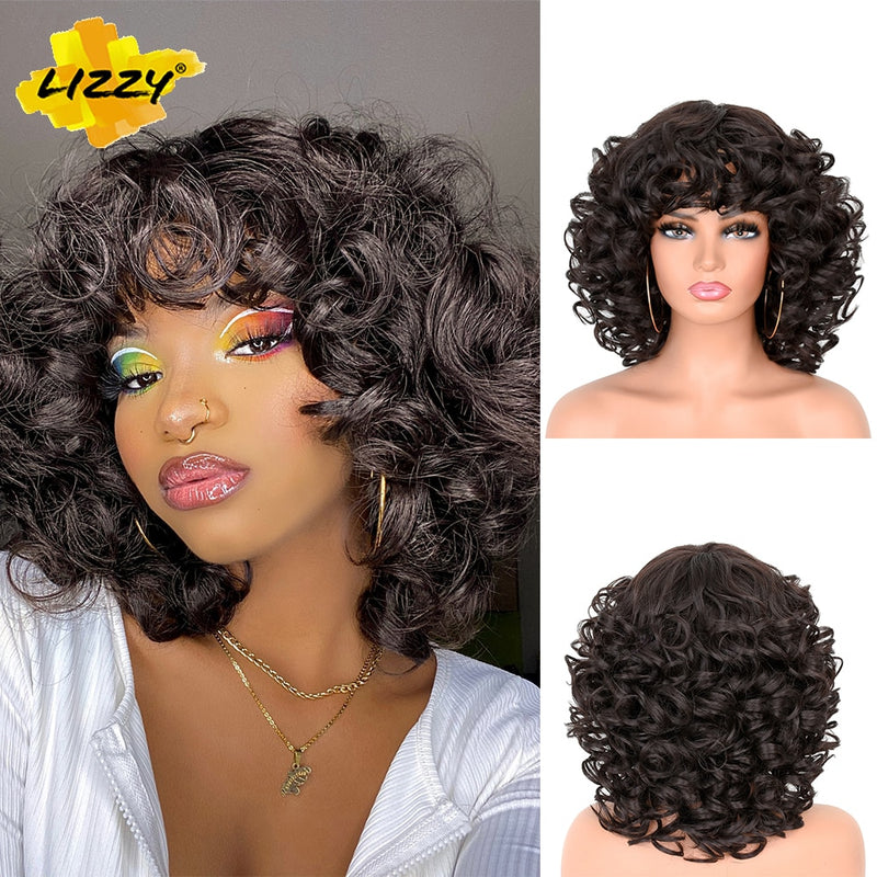 Kurzhaar-Afro-Lockenperücke mit Pony, lose, synthetische, flauschige, schulterlange, natürliche Perücken für schwarze Frauen, dunkelbraun, 35,6 cm