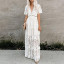 Happie Queens Summer 2021 Women Lace Embroidery Long Sleeve V-neck White Chiffon Beach Dress Lady mesh Patchwork Boho Dresses