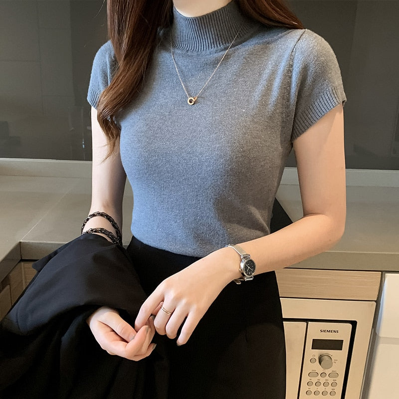 Casual Women Clothing Korean Knitted Women Top Blusas Mujer De Moda Spring Summer New Solid Slim Turtleneck Blouse Blusas 8622