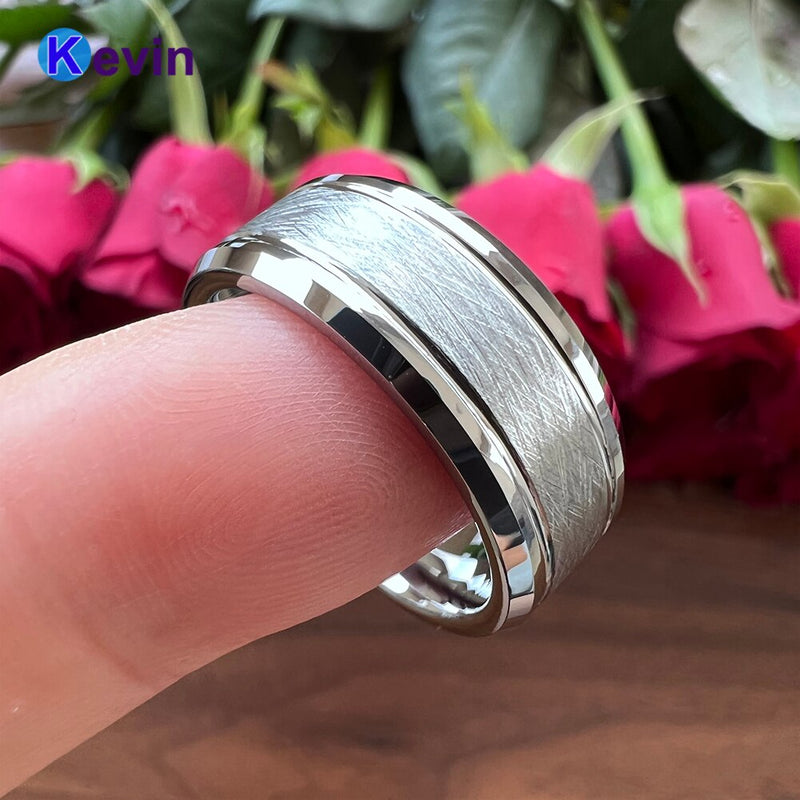 Anillo de banda de boda de tungsteno para hombres y mujeres con acabado de ranura de cepillo biselado 8MM ajuste cómodo