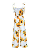 New Sunflower Printed Strap Jumpsuit Women High Waist Strampler Boho Yellow Spaghetti Strap Wide Leg Pants Summer Jumpsuits Ladies