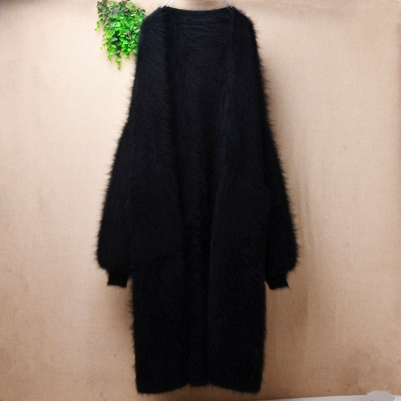 Elegant casual winter long loose brown thicken mink cashmere long lantern sleeves angora rabbit fur cardigan sweater coat wrap